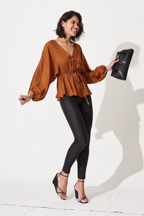 V Neck Top in Rust Satin