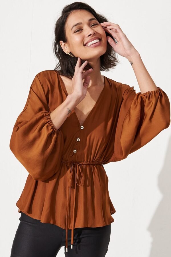 V Neck Top in Rust Satin