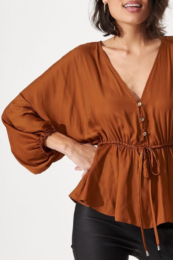 V Neck Top in Rust Satin
