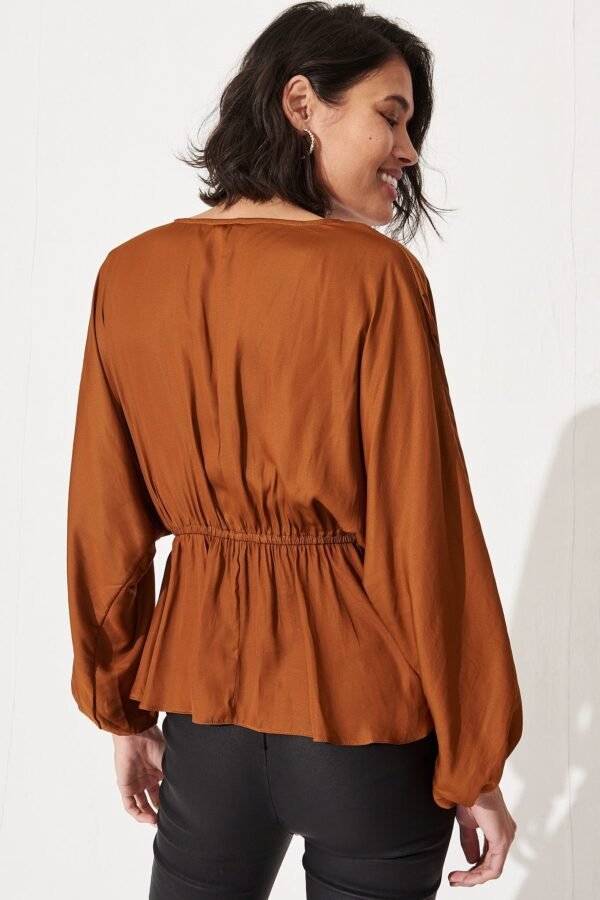 V Neck Top in Rust Satin