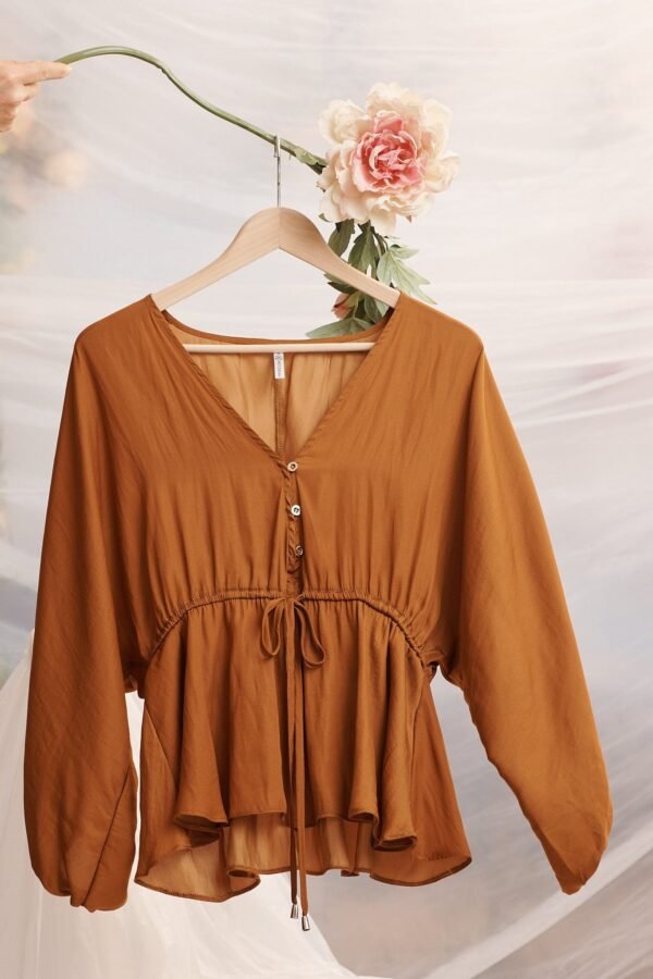 V Neck Top in Rust Satin
