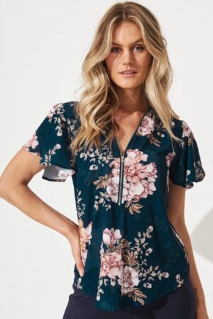 Zip Top In Teal With Blush Floral