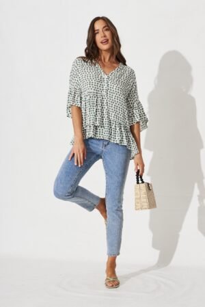 Top In White With Green Polka Dot