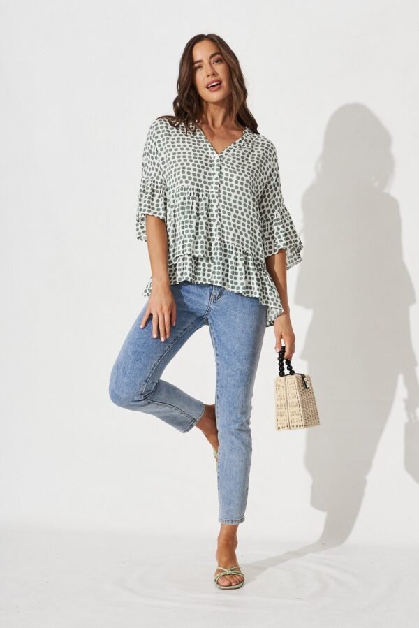 Top In White With Green Polka Dot