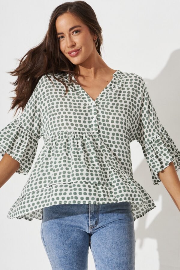 Top In White With Green Polka Dot