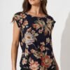 Top In Navy With Beige Floral Crepe