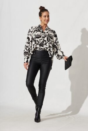 Shirt In White With Black Leaf Cotton