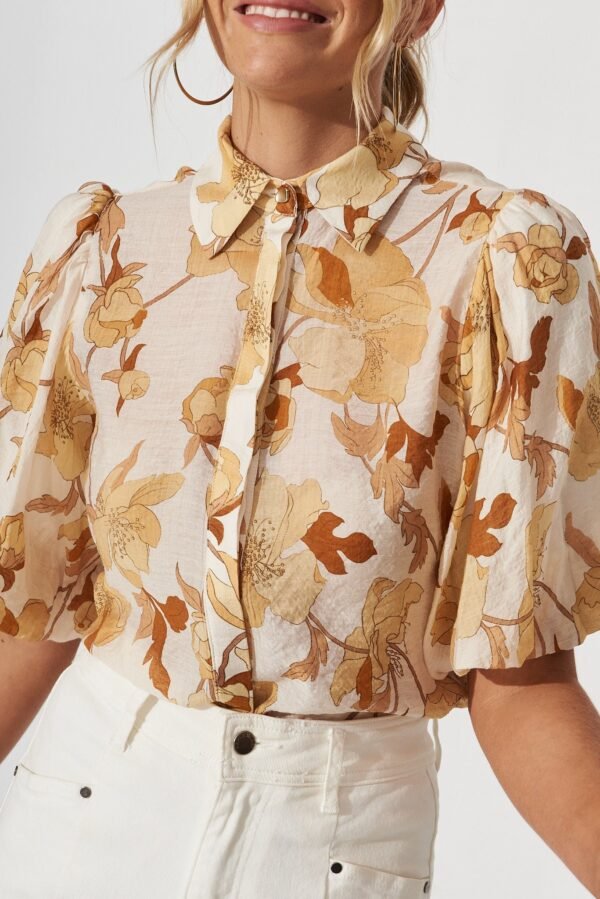 Shirt In White With Rust Floral