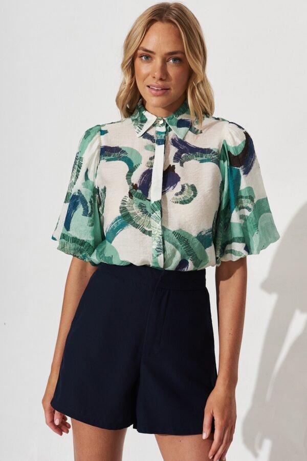 Shirt In White With Green Multi