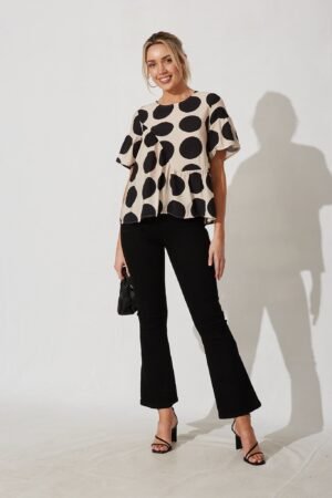 Top In Beige With Black Spot Print Cotton Blend