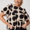 Top In Beige With Black Spot Print Cotton Blend