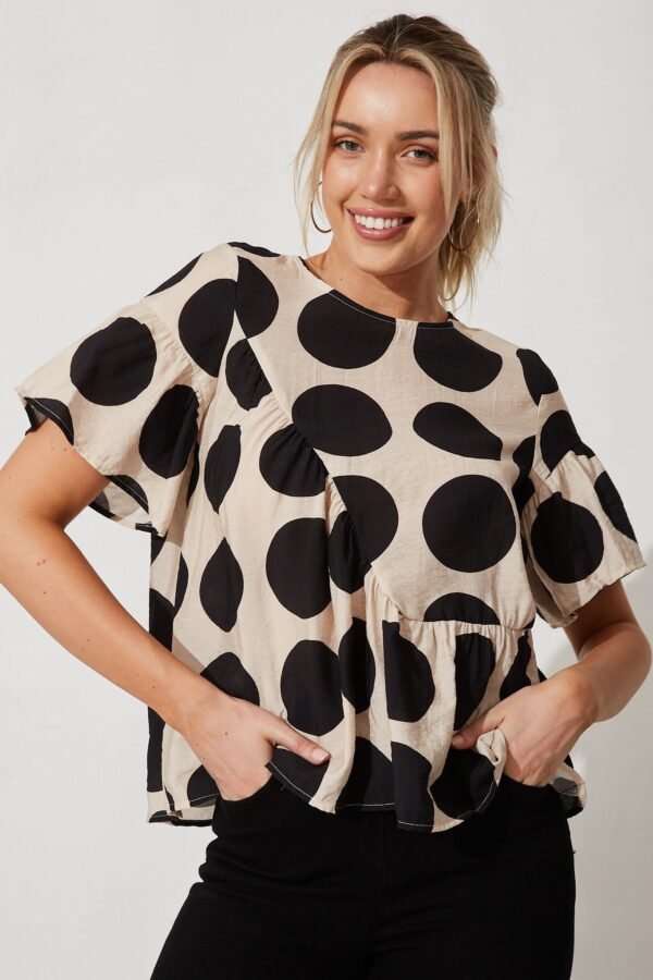 Top In Beige With Black Spot Print Cotton Blend