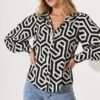 Shirt In Black With Cream Geometric Print