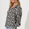 Shirt In Black With Cream Geometric Print