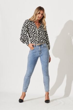 Shirt In Black With Cream Geometric Print