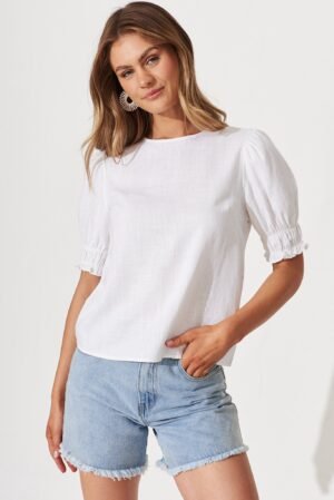 Top In White Cotton Linen Blend