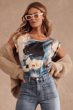 Top In Blue And Cream Watercolour Satin