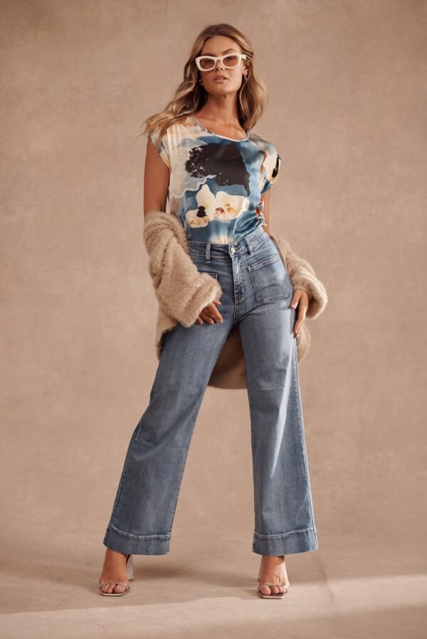 Top In Blue And Cream Watercolour Satin