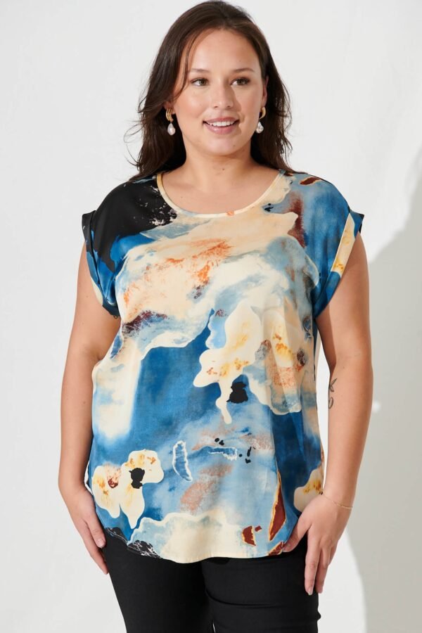 Top In Blue And Cream Watercolour Satin