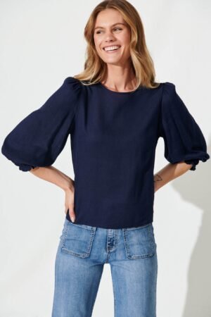 Top In Navy Cotton Linen