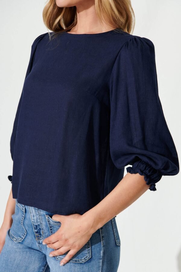 Top In Navy Cotton Linen