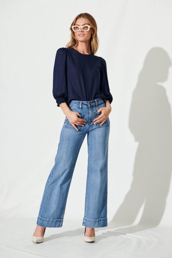 Top In Navy Cotton Linen