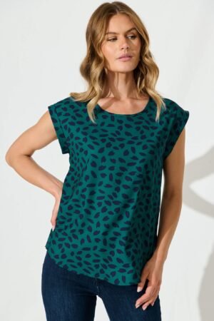 Top In Teal With Navy Leaf
