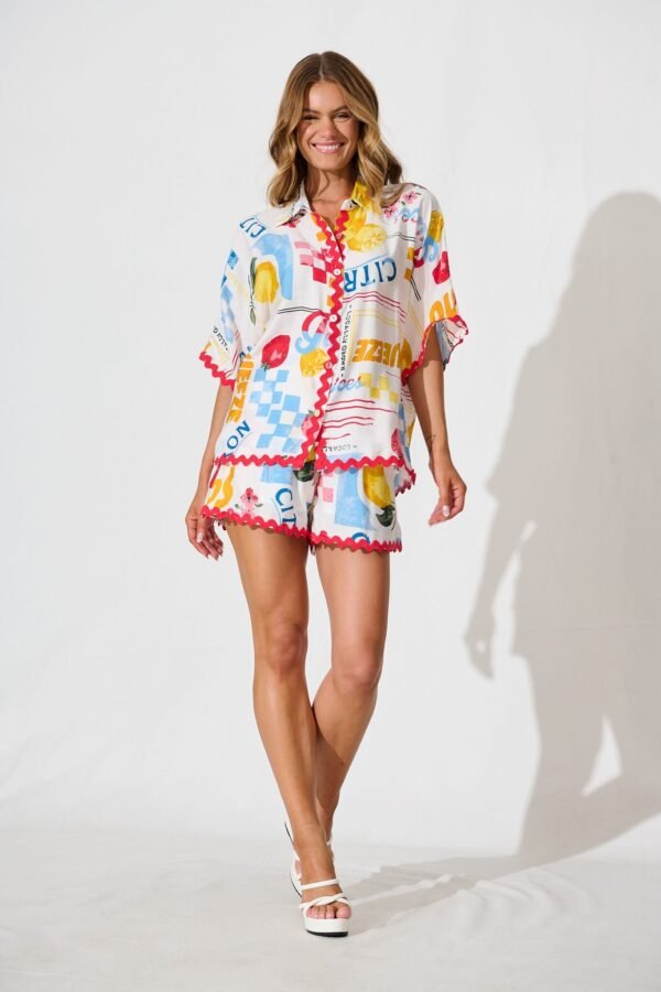 Shirt In White Lemon Print Ric Rac Trim