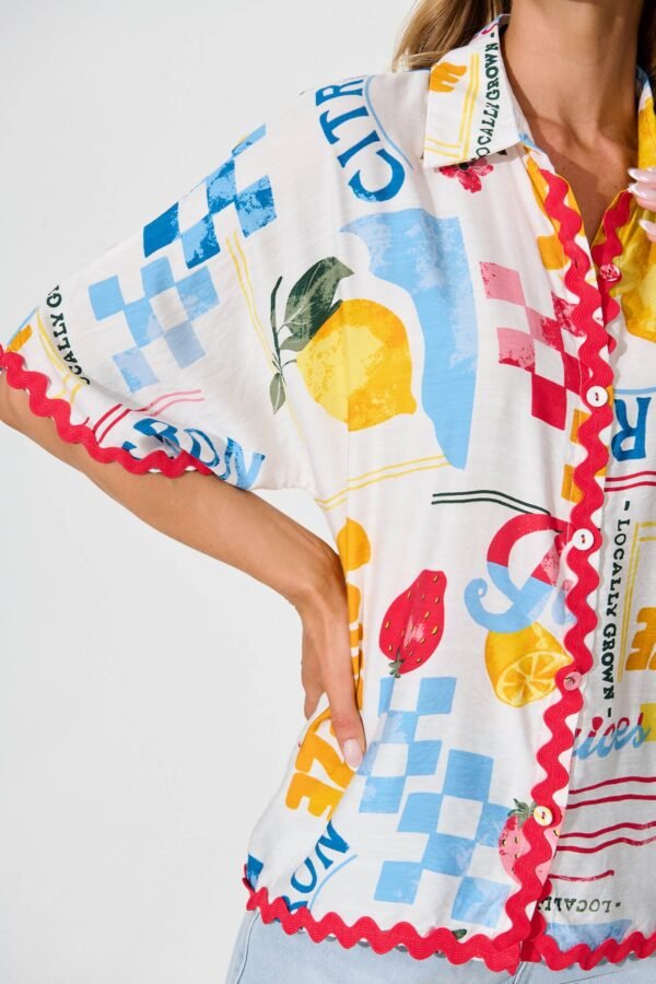 Shirt In White Lemon Print Ric Rac Trim